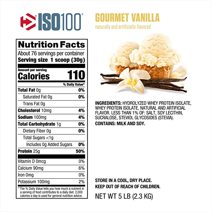 Dymatize Nutrition ISO 100 5 lbs Whey Protein Powder with Hydrolyzed 100% Whey Protein Isolate, Gluten Free, Fast Digestion, Gourmet Vanilla, 2.26 Kg