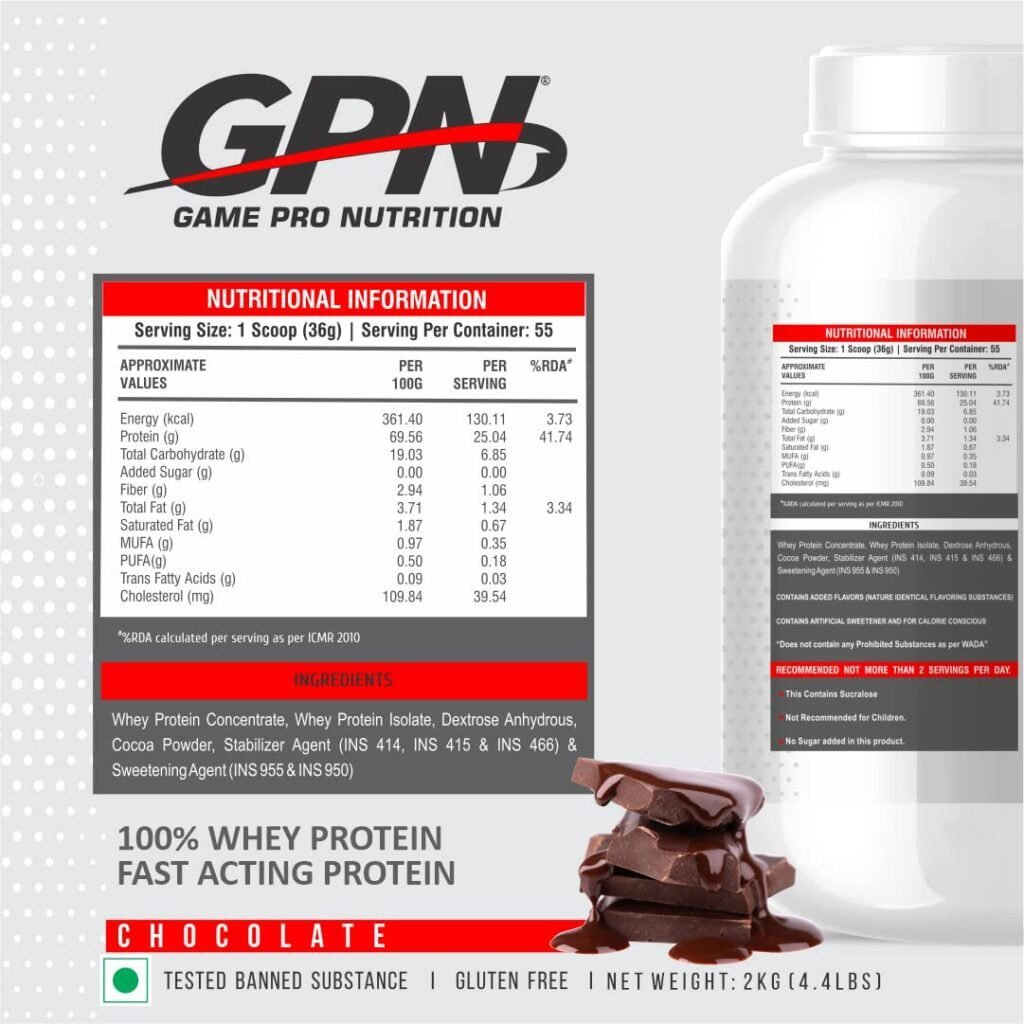 "Gpn 100% Whey Protein Powder ,Whey Protein Concentrate + Whey Isolate Protein Powder|55 Servings (CHOCOLATE, 2kg-4.4lbs)From HEALTHFARM"