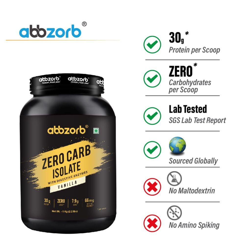 Abbzorb nutrition Zero Carb Isolate (Vanilla) 1kg, 31.3g Protein per serving with Digestive Enzymes, Guaranteed Lab Report