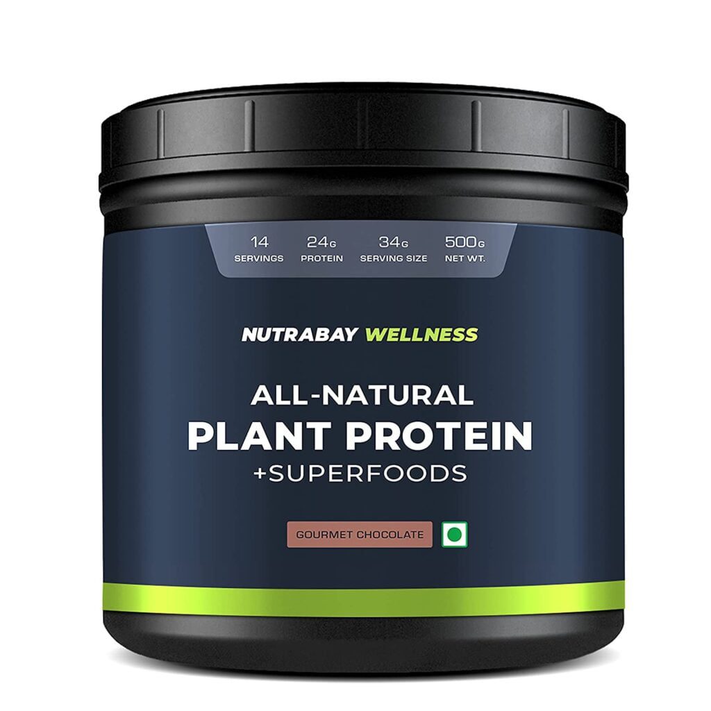 Nutrabay Wellness All Natural Plant Protein (24g Vegan Protein - Pea Protein Isolate & Brown Rice Protein) with Stevia, Digestive Enzymes & Vitamins Minerals - Post Workout Drink for Muscle Growth & Recovery, Gym Supplement for Men & Women - 500g Gourmet 